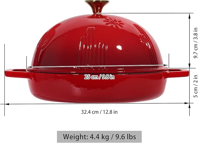 Flavehc Cast Iron Bread Oven With Cloche Lid for Baking - Red Enameled Dutch Oven With Dome Lid for Sourdough - 5 qt