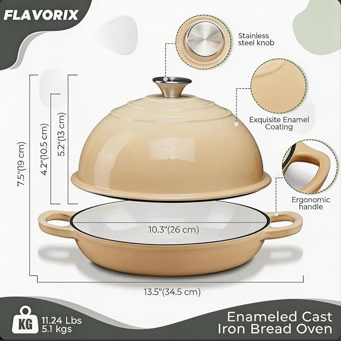 Cast Iron Bread Oven for Sourdough, 6Qt Bread Baking Pan with Lid, Enameled Sourdough Dutch Oven for Bread Baking, Oven Safe up to 482℉, Latte