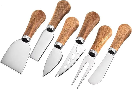 YUANQIAN Cheese Knife Set with Acacia Wood Handles - Cheese Knife, Spreader, Fork, Slicer - Mini Stainless Steel Cheese Tools for Charcuterie Boards (6Pcs/Set, S)