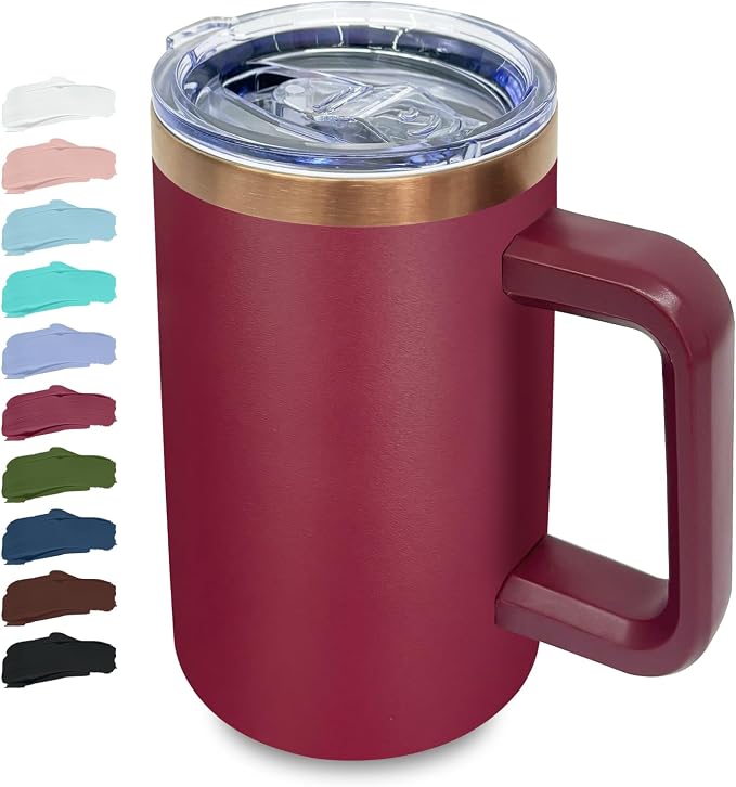 20 oz Insulated Coffee Mug with Lid, Stainless Steel Coffee Tumbler Bulk, Double Wall Vacuum Travel Mug with Handle, Leakproof Powder Coated Coffee Cups for Hot and Cold Drinks (Red,1 pack)