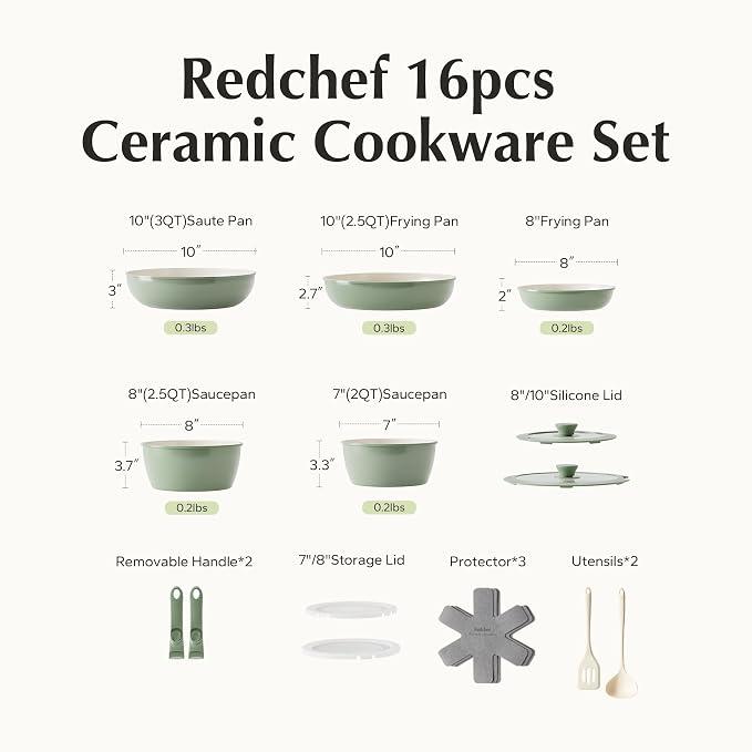 Redchef Ceramic Nonstick Pans and Pots Set, Ceramic Cookware Set with Detachable Handles16Pcs, Induction Dishwasher Oven Safe Kitchen Cooking Set, PFAS PFOA & PTFE Free, Green
