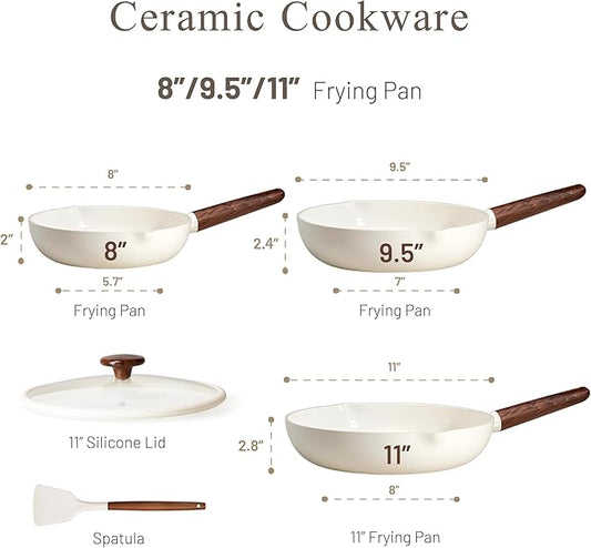 CAROTE Nonstick Frying Pans Skillets, Ceramic Coating Non-Stick Frying Pans Set, 5 PCS, Non-toxic Healthy & PFOA Free, Induction Compatible, 8+9.5+11 Inch with Colander Lid and Spatula, Cream White