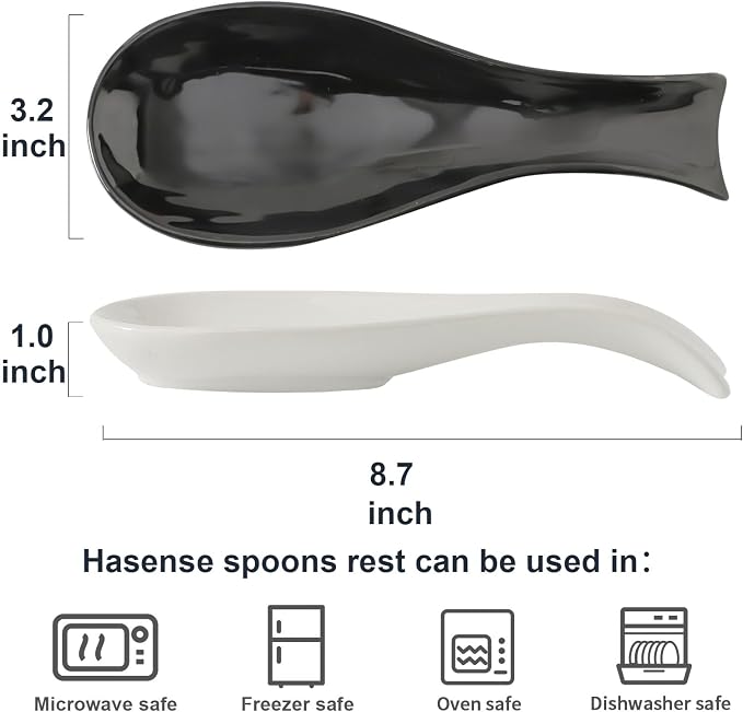 Ceramic Spoon Rest for Stove Top, Large 8.7 Inch Spoon Holder for Kitchen Counter,Porcelain Utensil Rest for Ladle,Spatula,Housewarming Gift,Dishwasher Safe and Heat-Resistant,White and Black,Set of 2