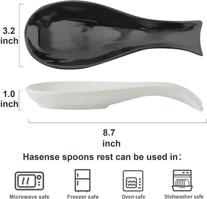 Ceramic Spoon Rest for Stove Top, Large 8.7 Inch Spoon Holder for Kitchen Counter,Porcelain Utensil Rest for Ladle,Spatula,Housewarming Gift,Dishwasher Safe and Heat-Resistant,White and Black,Set of 2