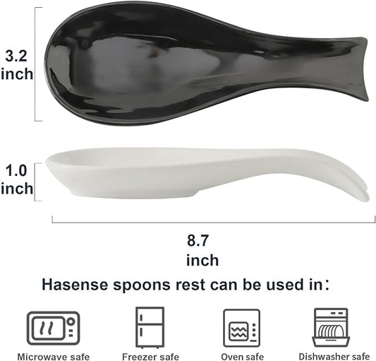 Ceramic Spoon Rest for Stove Top, Large 8.7 Inch Spoon Holder for Kitchen Counter,Porcelain Utensil Rest for Ladle,Spatula,Housewarming Gift,Dishwasher Safe and Heat-Resistant,White and Black,Set of 2