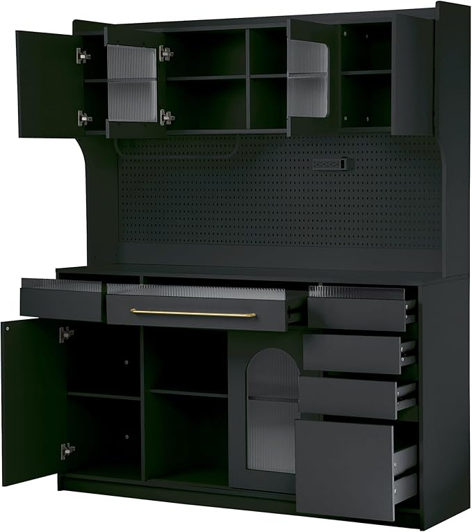 VilroCaz Freestanding Large Kitchen Pantry, Wooden Kitchen Large Coffee Bar Storage Cabinet with 6 Drawers, 5 Cabinets with Adjustable Shelves, Pegboard, Towel Rack, Power Outlet (Black-po)