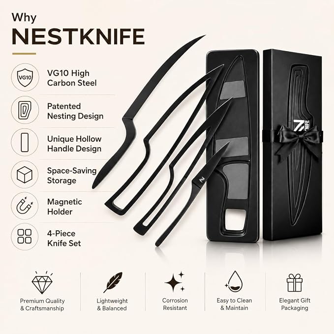 NestKnife Magnetic Kitchen Knife Set - 4 Piece VG10 High Carbon Stainless Steel Kitchen Knives with Patented Space-Saving Nesting Design & Magnetic Block - Ultra Sharp Professional Chef Knife Set