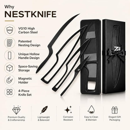 NestKnife Magnetic Kitchen Knife Set - 4 Piece VG10 High Carbon Stainless Steel Kitchen Knives with Patented Space-Saving Nesting Design & Magnetic Block - Ultra Sharp Professional Chef Knife Set
