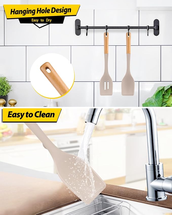 Pack of 2 Large Silicone Cooking Spoons, Heat Resistant Non Stick Kitchen Utensils with Wooden Handle, Ideal for Mixing, Stirring, Serving, Cooking(KHAKI)