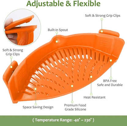YEVIOR Clip on Strainer for Pots Pan Pasta,Silicone Food Strainer Hands-Free Pan Strainer, Clip-on Kitchen Food Strainer for Spaghetti, Pasta, Ground Beef Fits All Bowls and Pots (Orange)