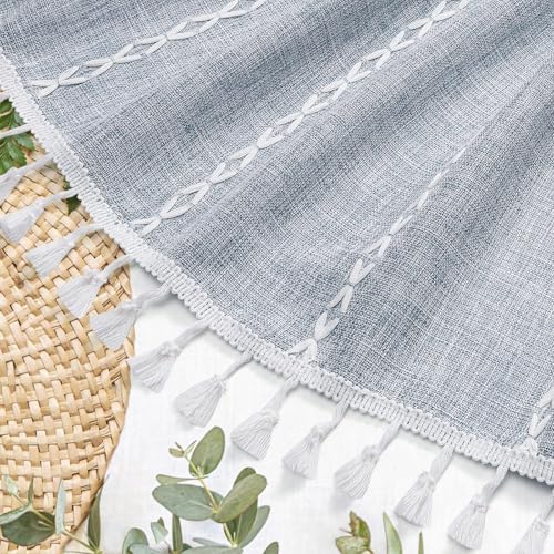 Boho Farmhouse Tassel Linen Shower Curtain,3D Embroidery Stripe Blue,72x96