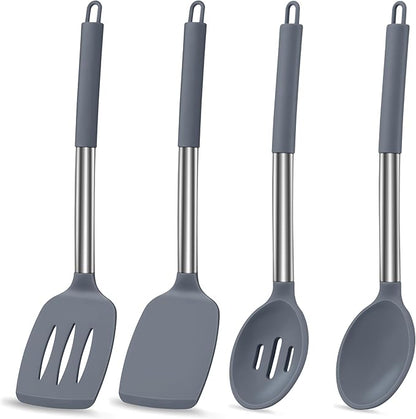 LIANYU Silicone Cooking Utensil Set, 4Pcs Heat Resistant Kitchen Utensils Set, Non-stick Stainless Steel Handle Spatula Tools, Dishwasher Safe, Grey