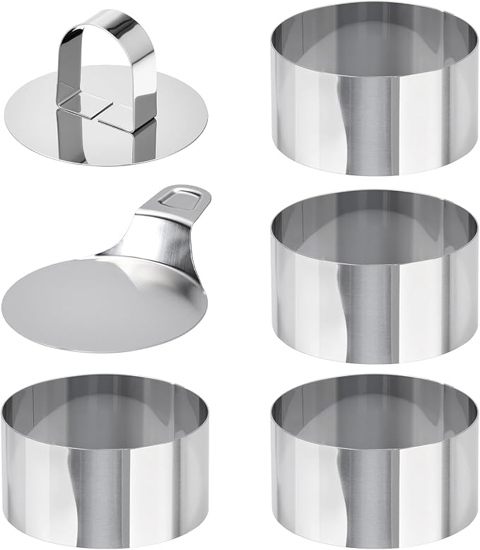 HULISEN Round Cake Ring Mold Set, 3" Crumpet Rings, Stainless Steel Dessert Cooking Molds with Presser & Lifter, Ideal Tool for Mousse, Pastries, Pancakes, Salads