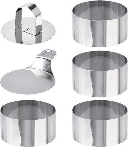 HULISEN Round Cake Ring Mold Set, 3" Crumpet Rings, Stainless Steel Dessert Cooking Molds with Presser & Lifter, Ideal Tool for Mousse, Pastries, Pancakes, Salads