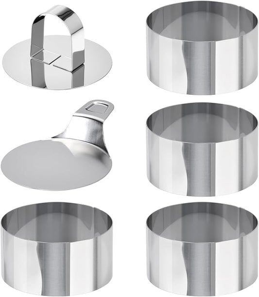 HULISEN Round Cake Ring Mold Set, 3" Crumpet Rings, Stainless Steel Dessert Cooking Molds with Presser & Lifter, Ideal Tool for Mousse, Pastries, Pancakes, Salads