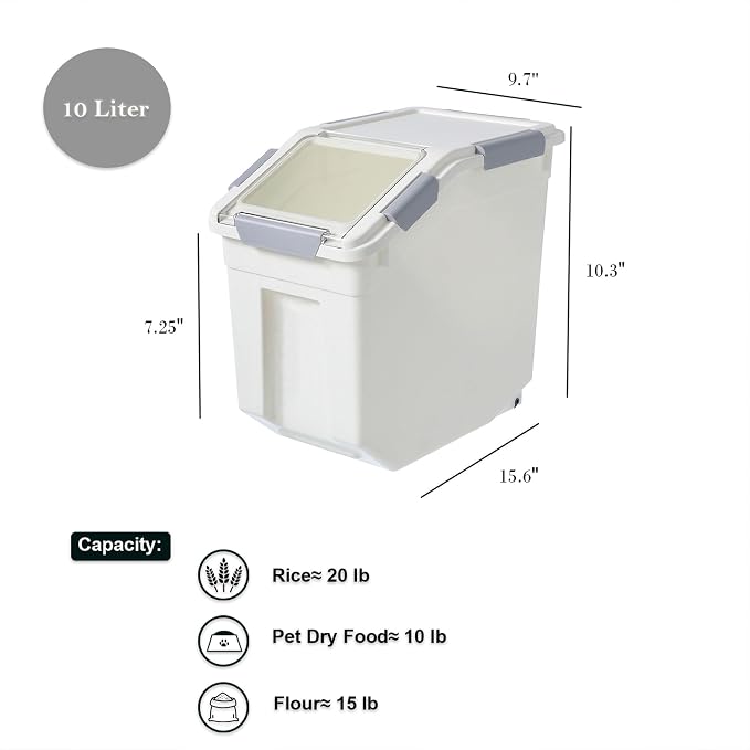 HANAMYA 10 Liter / 20 lbs Rice Storage Container with Measuring Cup, BPA free, For Rice | Grain | Pet Food | Flour, 2 count, White