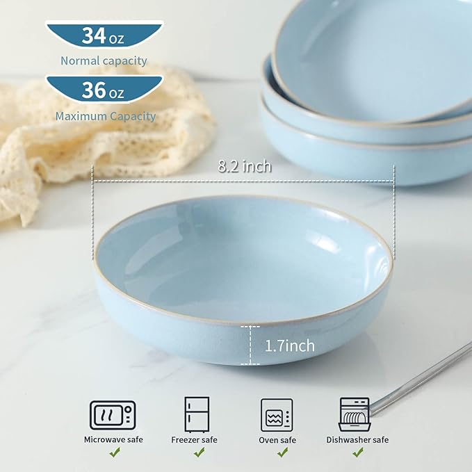 Ceramic Patsa Bowls, 34 oz Salad bowl Set of 4, Stoneware Serving Bowl for Eating, Salad, Rice, Cereal, Kitchen, Serving, Plate Bowls Set, Microwave & Dishwasher Safe, Skyblue