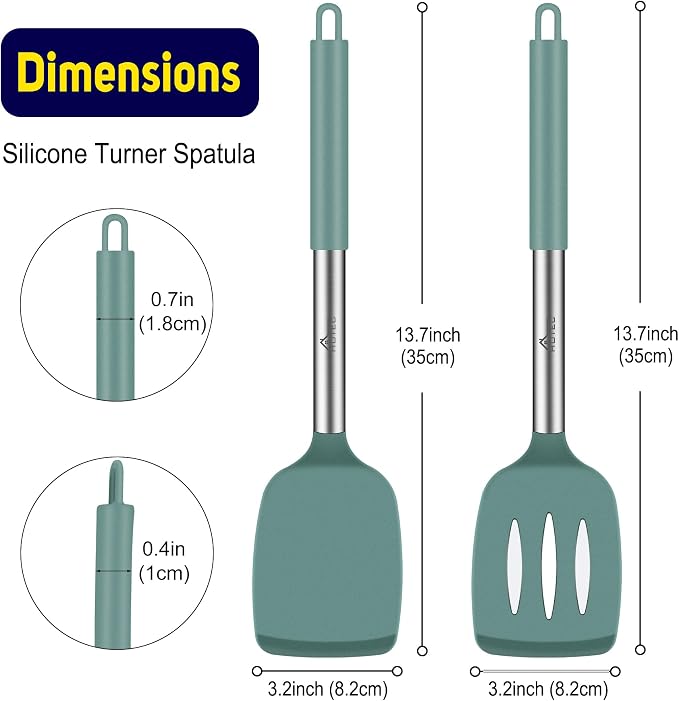 HOTEC Silicone Spatula Set of 2 Heat-Resistant 600F & BPA-Free Kitchen Spatula Turner with Stainless Steel Handles, Slotted & Solid Spatulas for Nonstick Cookware, 13.7 Inch, Sage Green