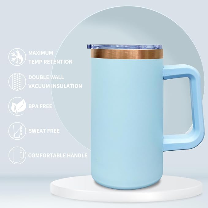 20 oz Insulated Coffee Mug with Lid, Stainless Steel Coffee Tumbler Bulk, Double Wall Vacuum Travel Mug with Handle, Leakproof Powder Coated Coffee Cups for Hot and Cold Drinks (Sky Blue,1 pack)