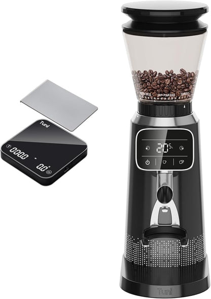 Tuni G2 Black Conical Burr Coffee Grinder with Black Digital Coffee Scale, 70 Grind Settings Anti-static Burr Mill for Espresso/Drip/Cold Brew/French Press