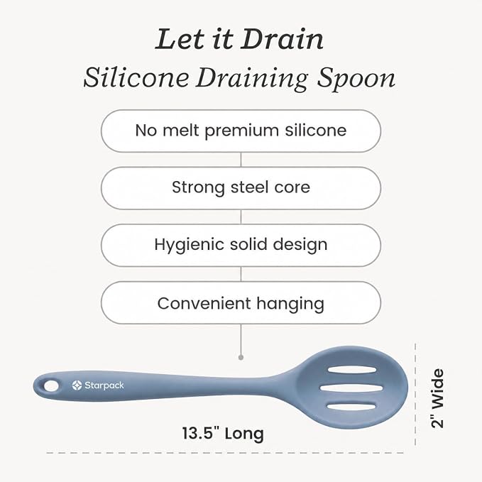 Starpack 'Let it Drain' XL Silicone Slotted Spoon(13.5 Inches) - Large Spoon with Slots for Cooking Heat Resistant to 600°F - Silicone Slotted Serving Spoons, Non Stick Cooking Spoons with Slots