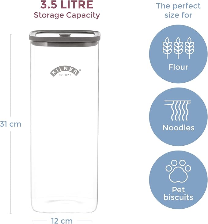 Kilner Fresh Storage Jar 3.5 Litre Airtight Glass Container Durable Vacuum Seal Lid | BPA-Free Jar for Food Storage, Pasta, Dry Goods, Pantry Organisation