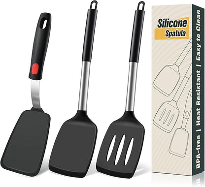 Silicone Spatula Set, Heat Resistant Solid & Slotted Turner for Non-Stick Pans, Silicone Cooking Utensils Set, BPA-Free, Flexible Spatula Turner for Flipping Eggs, Burgers, Pancakes, Black, 3 PCS-A