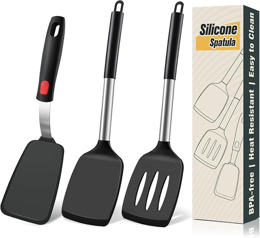 Silicone Spatula Set, Heat Resistant Solid & Slotted Turner for Non-Stick Pans, Silicone Cooking Utensils Set, BPA-Free, Flexible Spatula Turner for Flipping Eggs, Burgers, Pancakes, Black, 3 PCS-A