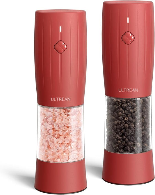 Ultrean Electric Salt and Pepper Grinder Set, USB-C Rechargeable, Salt and Pepper Shakers Spice Mill with 6 Adjustable Coarseness LED Light Larger Capacity, Kitchen Gadget, Gift for Women Mom, Red