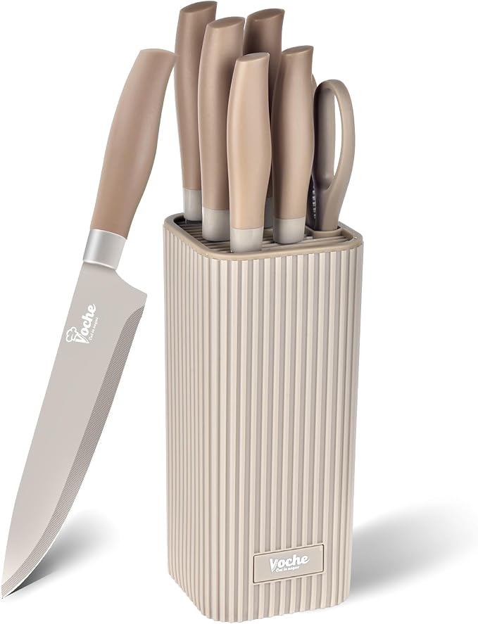 Knife Set, Kitchen Knife Set with Block, 7 Pcs Compact Knife Set, Knife Block Set Space Saving Stainless Steel Kitchen Knives with Scissors for Small Kitchens, Apartment & Everyday Cooking