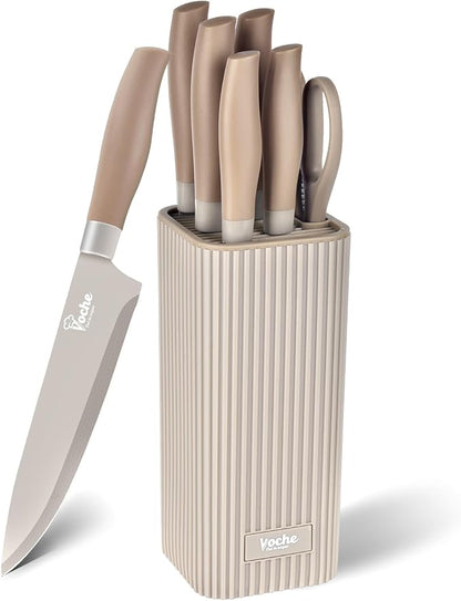 Knife Set, Kitchen Knife Set with Block, 7 Pcs Compact Knife Set, Knife Block Set Space Saving Stainless Steel Kitchen Knives with Scissors for Small Kitchens, Apartment & Everyday Cooking