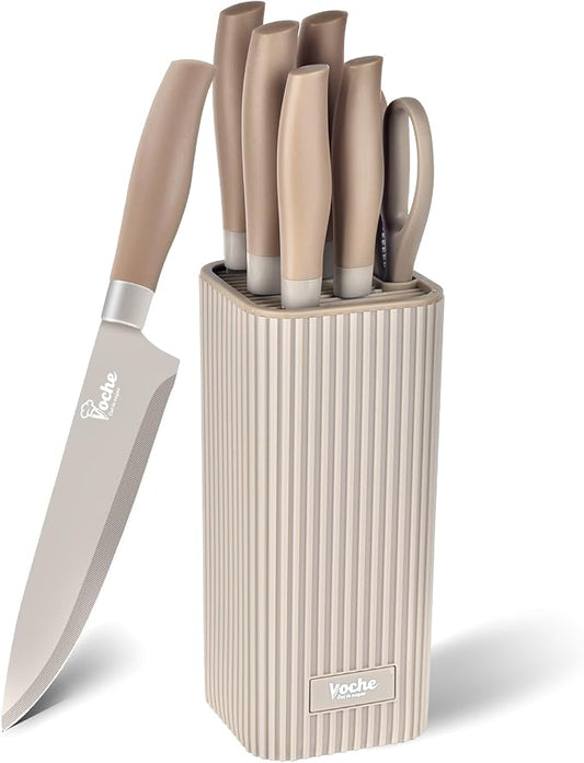 Knife Set, Kitchen Knife Set with Block, 7 Pcs Compact Knife Set, Knife Block Set Space Saving Stainless Steel Kitchen Knives with Scissors for Small Kitchens, Apartment & Everyday Cooking