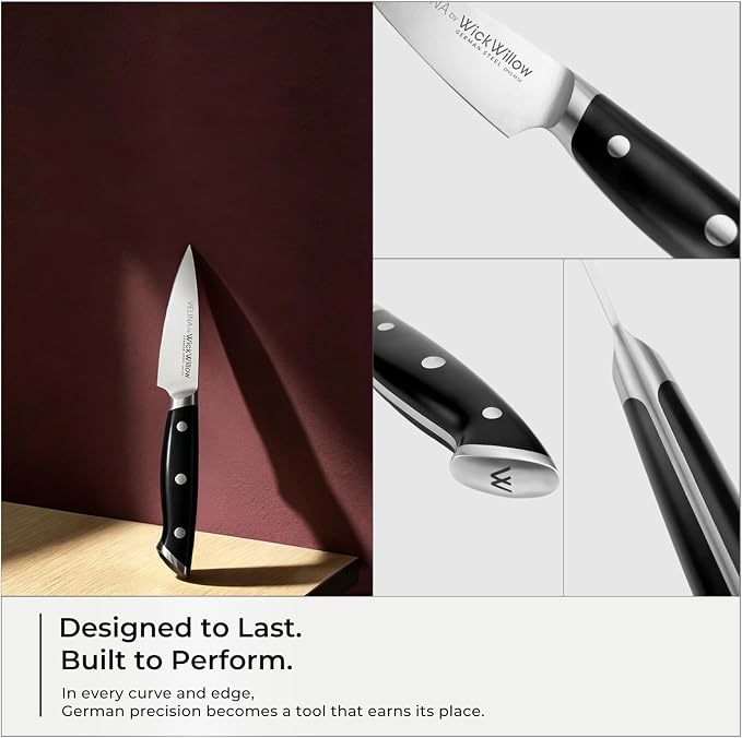 WICKWILLOW 3.5 Inch Paring Knife - Razor Sharp German Steel - Small Kitchen Knife for Home Cooks - Peeling, Trimming & Precision Work - Full Tang & Ergonomic Handle - Gift Box - Velina Series