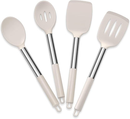 E-far Cooking Utensils Set of 4, Silicone Kitchen Utensils for Non-stick Cookware, Heat Resistant & Non-toxic Slotted Spatula Solid Spoon Turner for Flipping Mixing Serving Basting(Khaki)