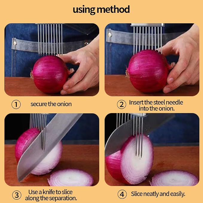 Onion Holder for Slicing, Stainless Steel Onion Slicer and Chopper, Lemon Slicer Vegetable Cutter Kitchen Tool, Food Slicing Assistant for Meat, Tomato, Potato, Lemon (2 Pack)