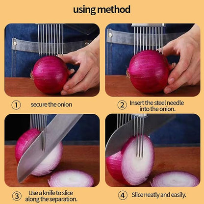 Onion Holder for Slicing, Stainless Steel Onion Slicer and Chopper, Lemon Slicer Vegetable Cutter Kitchen Tool, Food Slicing Assistant for Meat, Tomato, Potato, Lemon (1 Pack)