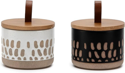 Small Canister 5 fl.oz Kitchen Salt Cellar, Ceramic Jar with Airtight Lid Spice Pepper Butter Food Storage Jar for Matcha Mints Sugar Coffee Daily Vitamins Tooth Powder Decorative Jars Set of 2