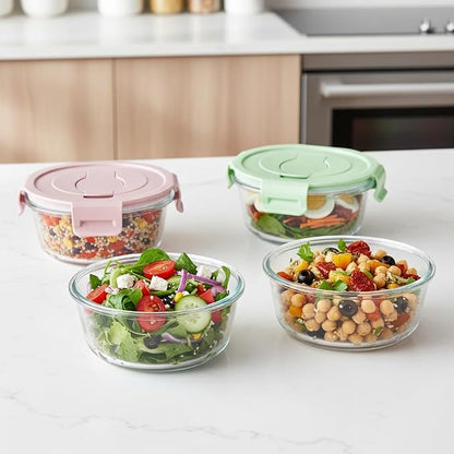 1.5 Cup Round Glass Food Container with Lids and Folding spoon, Small Round Glass Storage Container, 12oz Food Bowls with Spoons for Lunch Office, Oven, Freezer, Dishwasher Safe (4Pack)