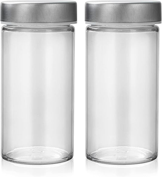 Tianifa 2 Pcs Glass Spice Jars/Bottles - 3oz Empty Round Spice Containers with Airtight Metal Caps with Shaker Lids (2, clear)