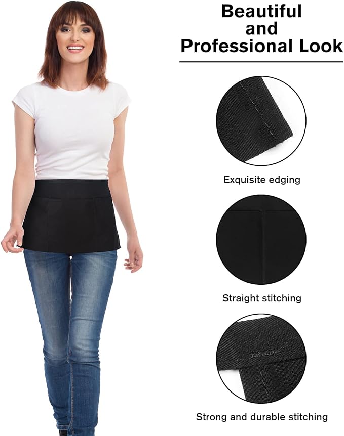 Jubatus 3 Pack 100% Cotton Server Apron with 3 Pockets for Women Men Waist Waitress Half Waiter Serving Short Aprons, Black 23.62 x 11.81 inches