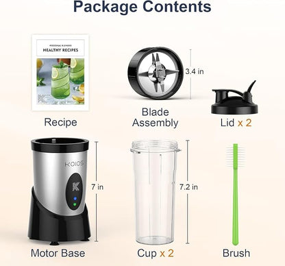 KOIOS Smoothie Blender, 900W Personal Blender for Shakes and Smoothies for Kitchen with 2 Portable Cups 22oz, Single Serve Smoothies Maker Mixer for Juices, Nutritious Recipe, Silver