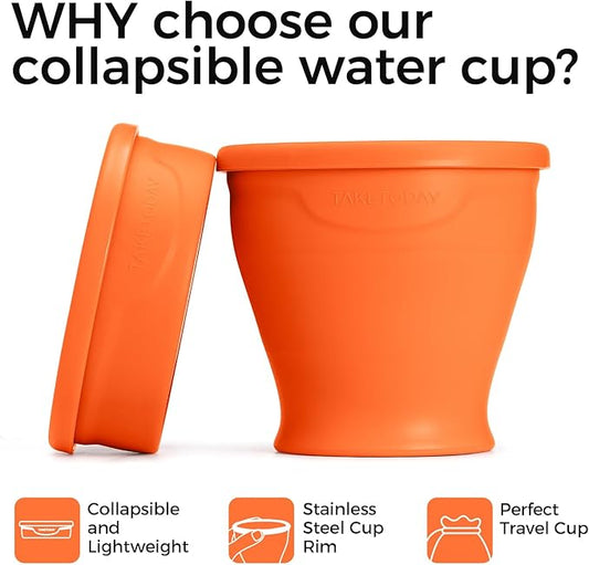TakeToday Collapsible Travel Cup 8 oz - Silicone Foldable Water Cup, BPA-Free with Lid & Waterproof Bag - Drinking Cup Set for Camping, Outdoors & International Travel（Orange）