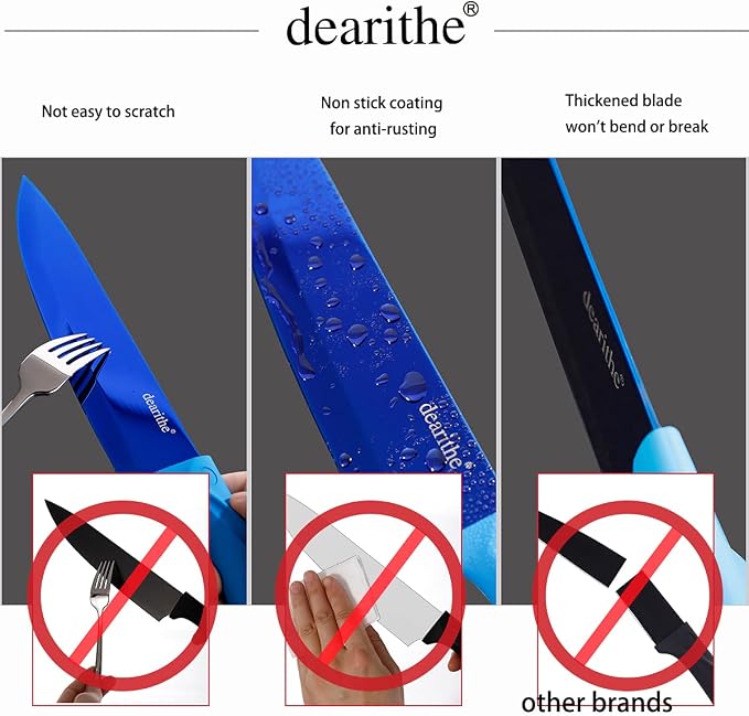 7 Piece High Carbon Stainless Steel Kitchen Knives Sets, Knife Block Set with Knife Sharpener,Professional Chef Knife Set with Block Acrylic, Plating Titanium Blue for Rust Proof and Sharp