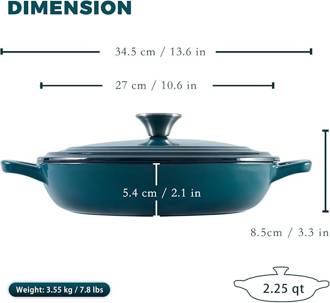 Flavehc Braiser Enameled Cast Iron Braiser 2.25 QT, Cast Iron Braiser Pan with Lid for Bread Baking, Soup & One Pot Meals, Small Shallow Dutch Oven Casserole for Oven & Induction, DarkCyan