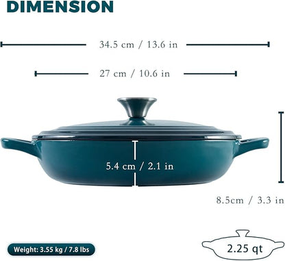Flavehc Braiser Enameled Cast Iron Braiser 2.25 QT, Cast Iron Braiser Pan with Lid for Bread Baking, Soup & One Pot Meals, Small Shallow Dutch Oven Casserole for Oven & Induction, DarkCyan