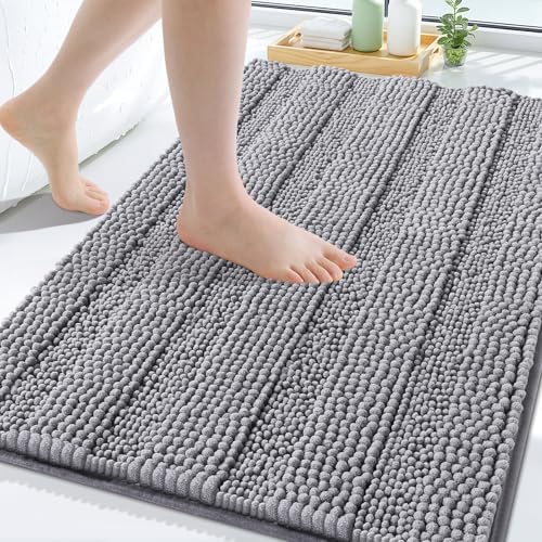 Grandaily Chenille Striped Bathroom Rugs 45x27, Extra Thick and Soft Absorbent Bath Mats, Rubber Backing, Plush Shaggy Shower Carpet, Machine Wash Dry, Bath Rug for Bathroom, Grey