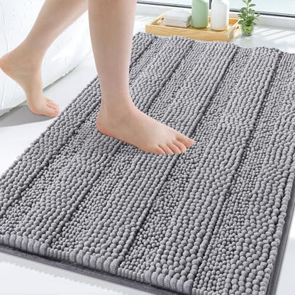 Grandaily Chenille Striped Bathroom Rugs 45x27, Extra Thick and Soft Absorbent Bath Mats, Rubber Backing, Plush Shaggy Shower Carpet, Machine Wash Dry, Bath Rug for Bathroom, Grey