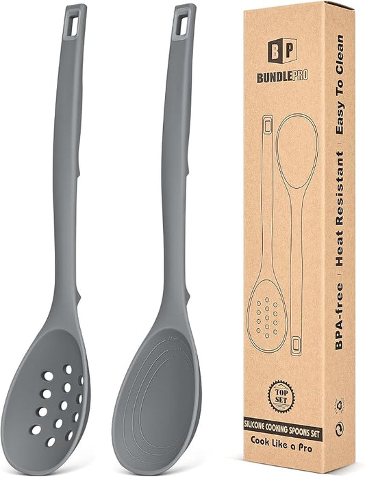 Pack of 2 Silicone Cooking Spoons, Non Stick Solid Kitchen Spoon with Measuring Marks & Back Hooks, Heat Resistant Silicone Slotted Spoon for Cooking, Mixing, Stirring,Serving (GRAY)