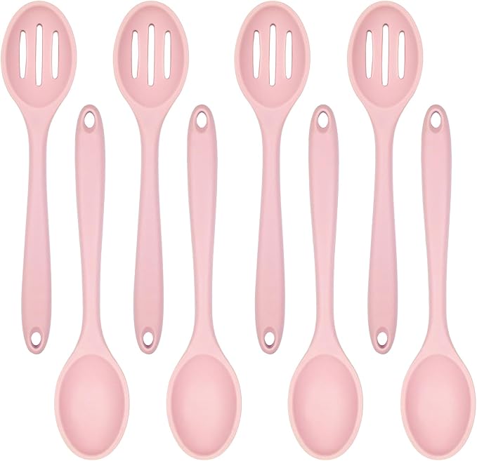 ELANE 8 Pcs Silicone Cooking Spoons Set,Mixing Spoons for Cooking Spoons for Nonstick Cookware Silicone Serving Spoons,Mixing Spoons for Cooking (Pink)