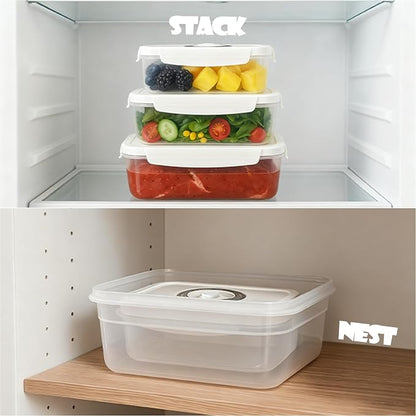 VICARKO 3-Piece Stackable Vacuum Food Storage Containers Set with Hand Pump, 17 oz/ 34 oz/ 68 oz, White, BPA-Free, Airtight, Leakproof, Date Tracker